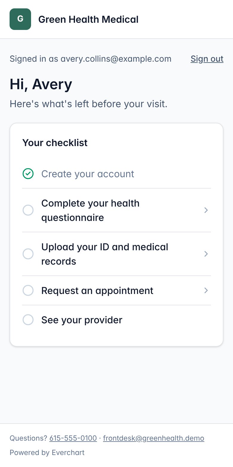 Patient portal home on a phone showing a checklist and appointment request