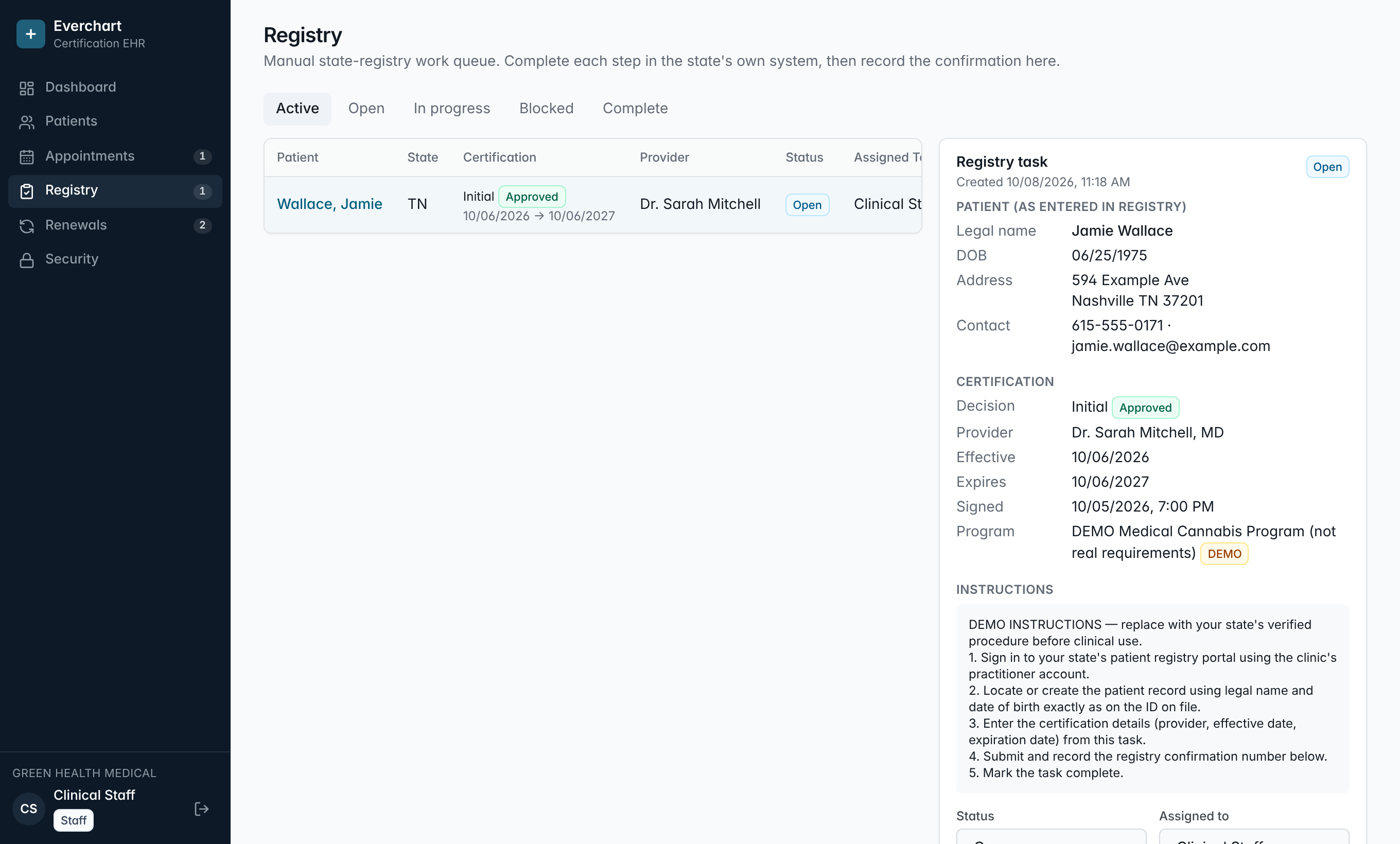 State registry work queue with task details